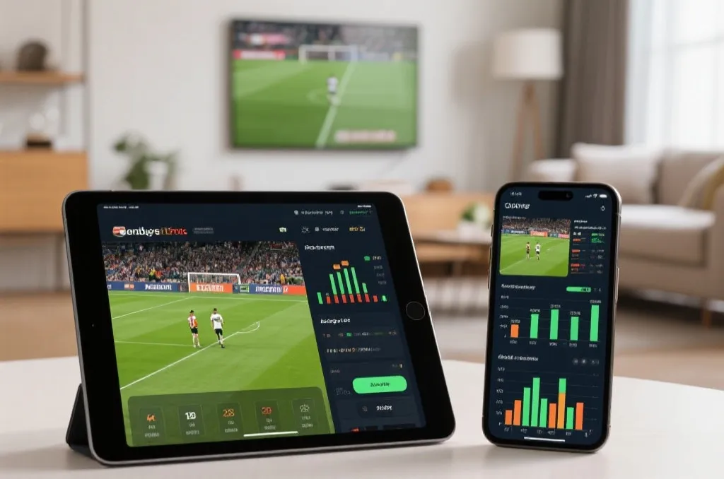 A tablet and a smartphone side-by-side displaying live sports coverage and statistical charts in a modern living room setup