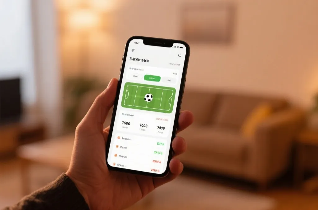 A smartphone held in hand showing soccer match statistics on a clean UI, with a blurry warm background of a living room